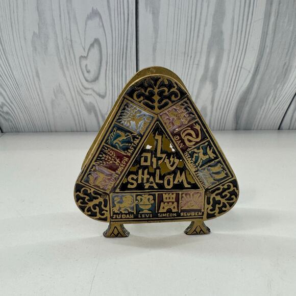 Jewish Triangle Napkin Holder 12 Tribes Sons of Israel Brass Shalom - Picture 1 of 3